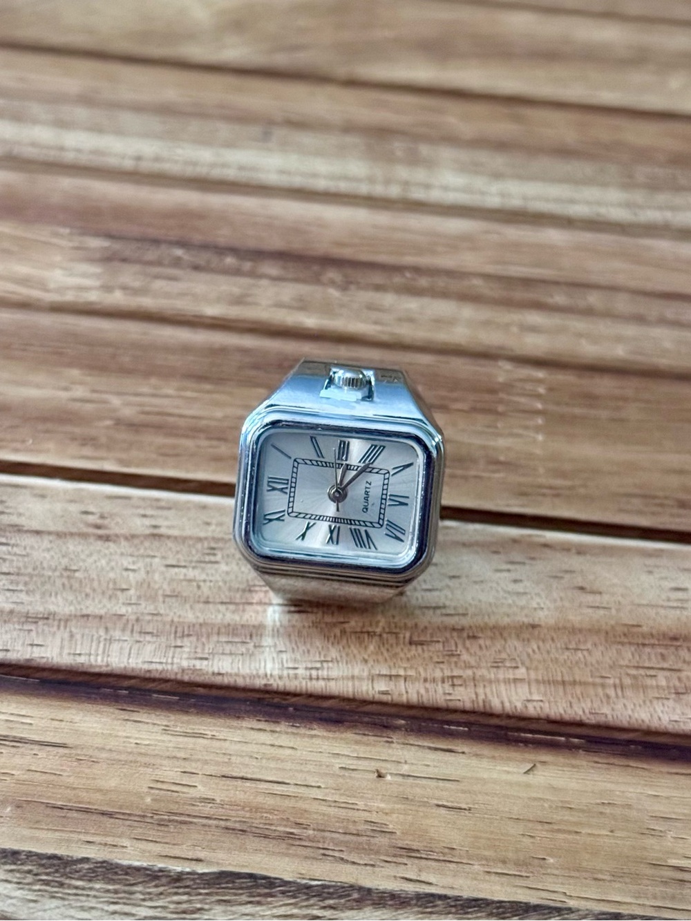Silver Square Mini Watch Ring with Roman Dial